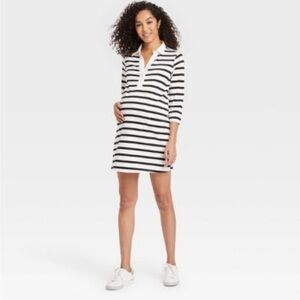The Nines by HATCH™ 3/4 Sleeve Polo Maternity Dress Ivory Striped S